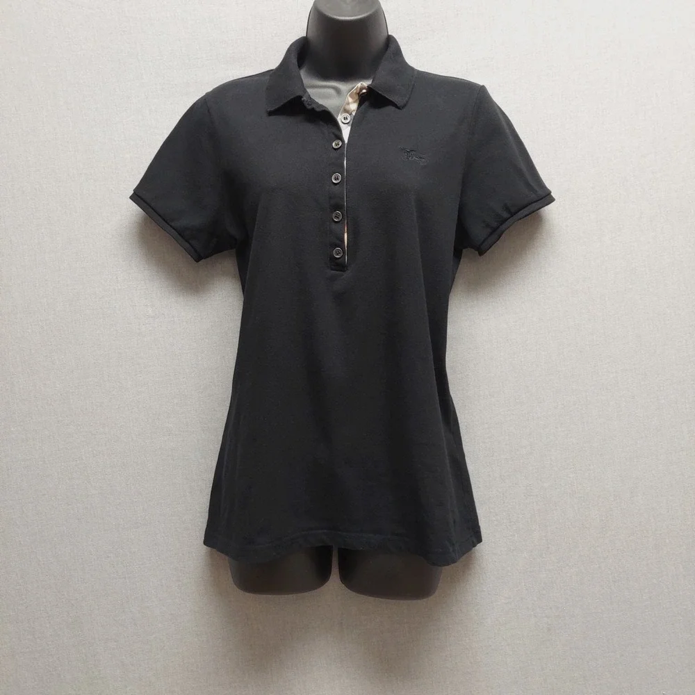Burberry Brit Women L Black Pique Polo Shirt Nova Check Placket Equestrian Logo - Picture 1 of 14